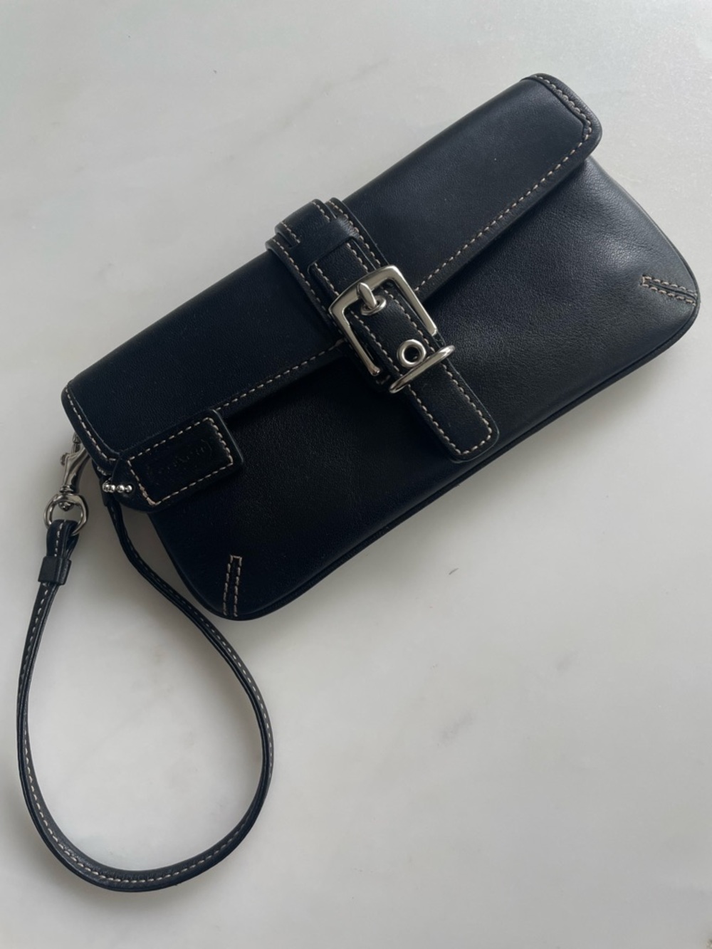 Coach Black Leather Wristlet Clutch with Silver Buckle Detail